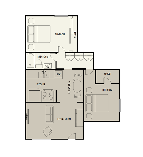 Floor plan for 2 beds, 1 bath, 850 sqft